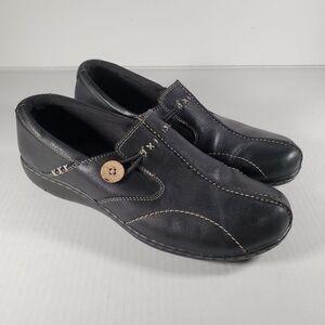Clarks Womens Black Leather Shoes, Slip-on. Size 11